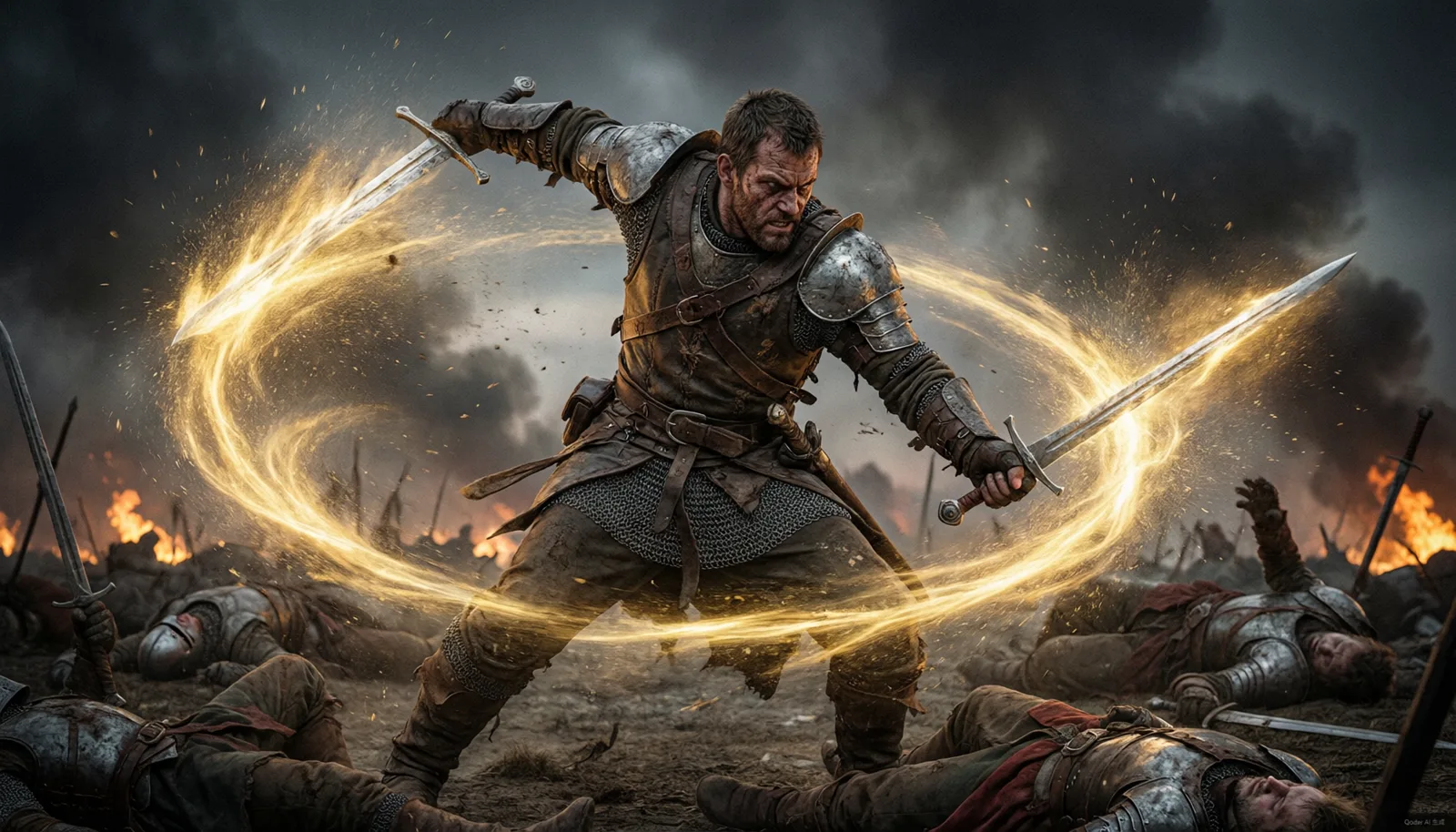 A fierce sellsword mercenary wielding dual swords in a devastating area-of-effect spin attack