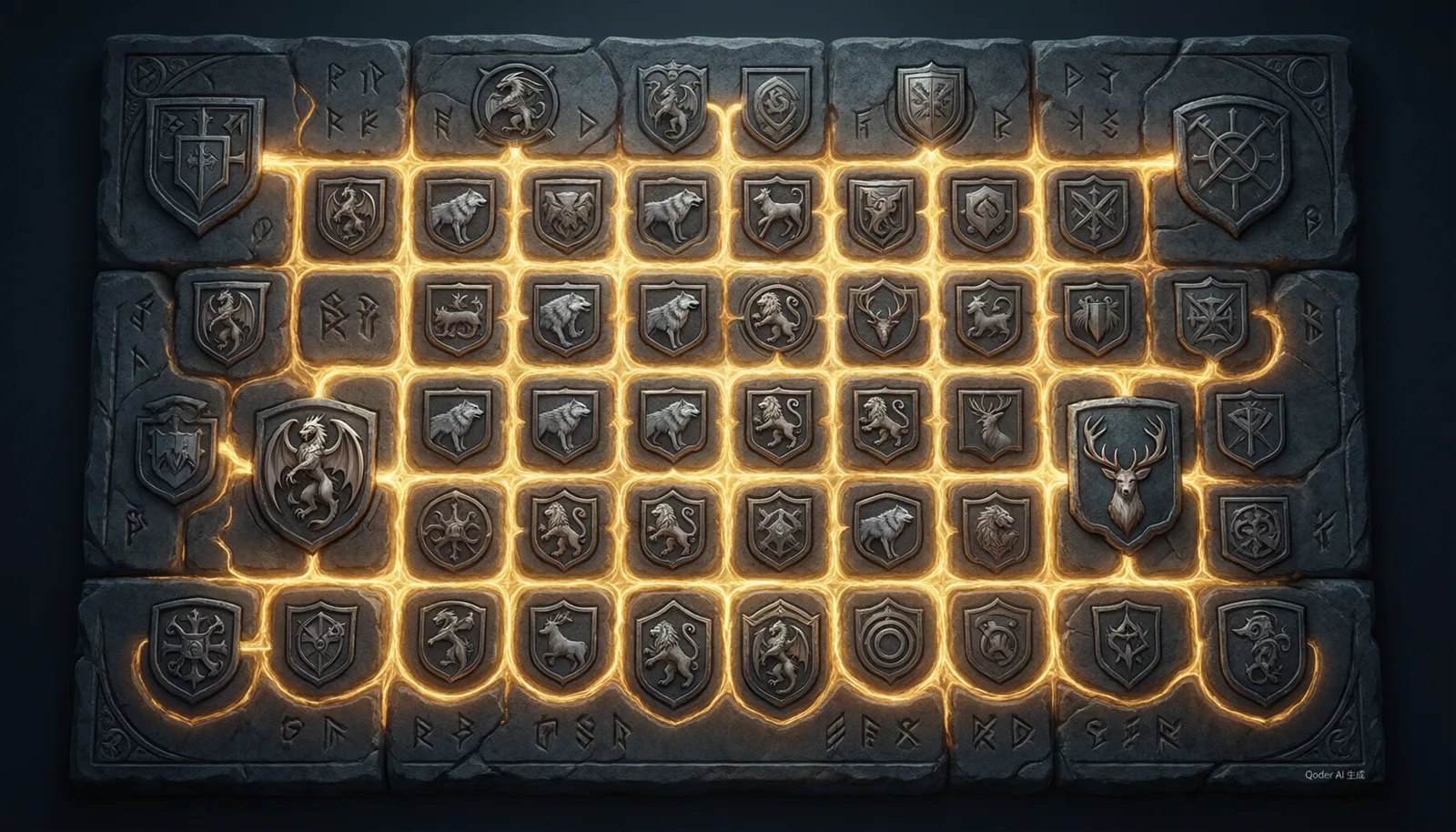An ornate medieval sigil advancement board with house sigils connected by glowing golden paths