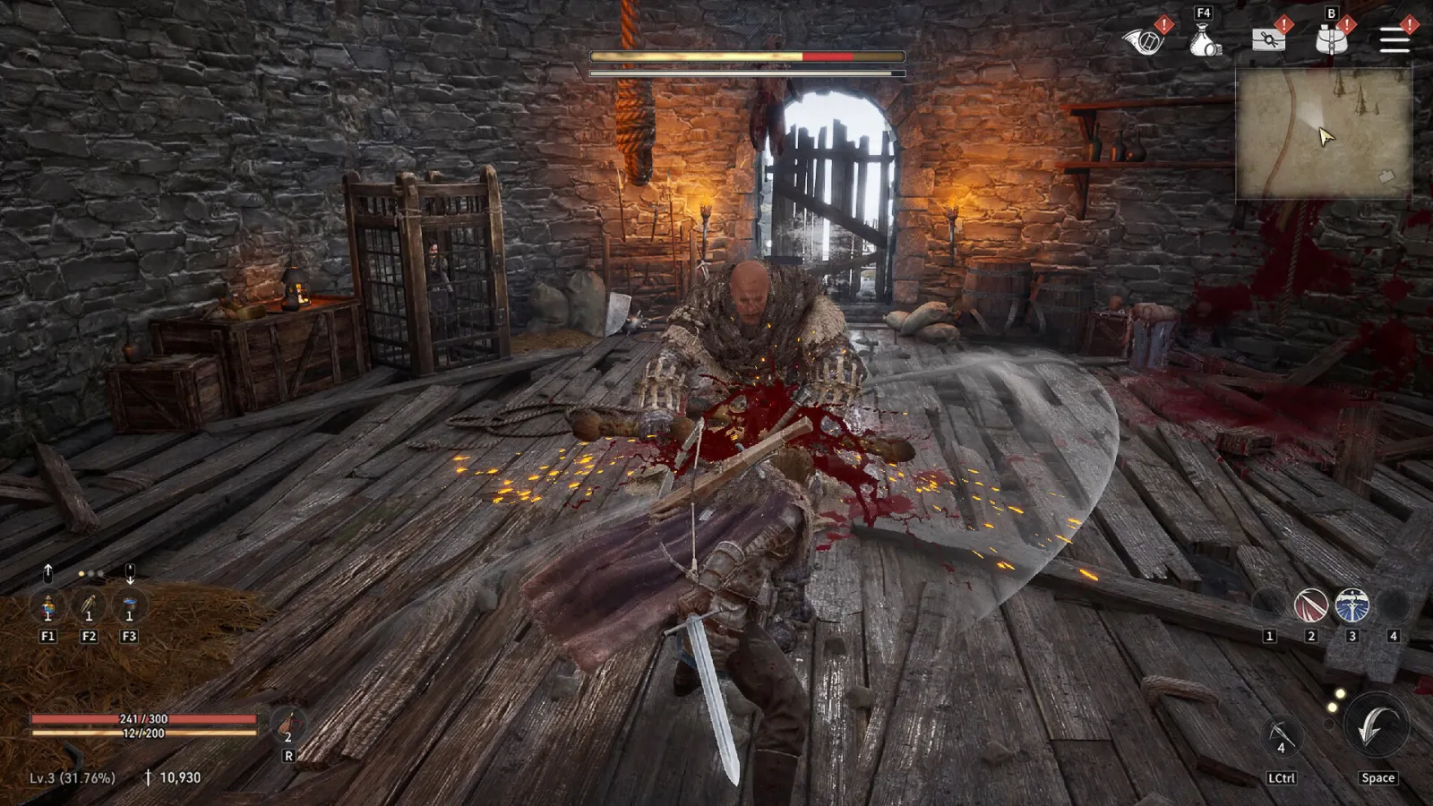 A player fighting a heavily armored axe-wielding boss inside a wooden hall in Game of Thrones: Kingsroad