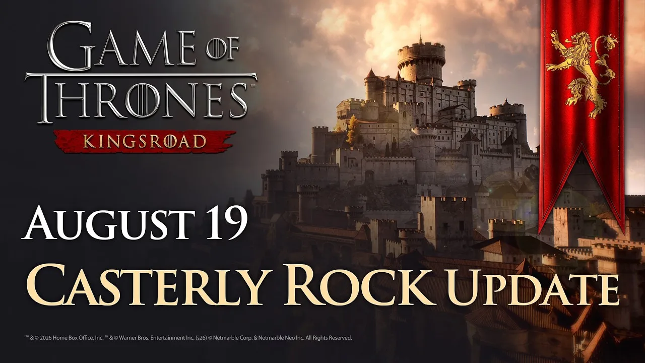 Official Casterly Rock update key art showing the Lannister fortress and a red lion banner, dated August 19