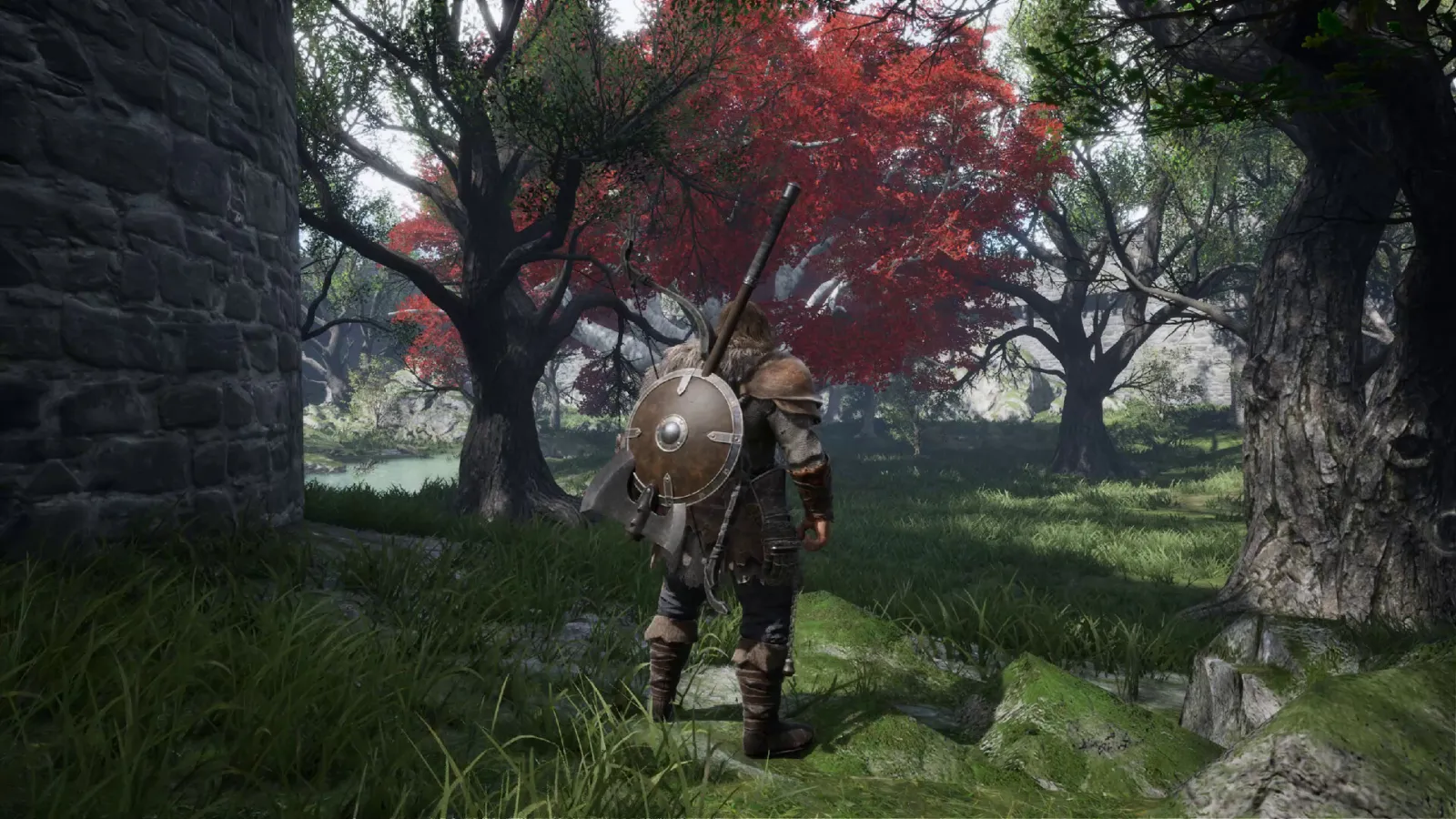 A player character stands before a weirwood tree with red leaves near an old stone tower