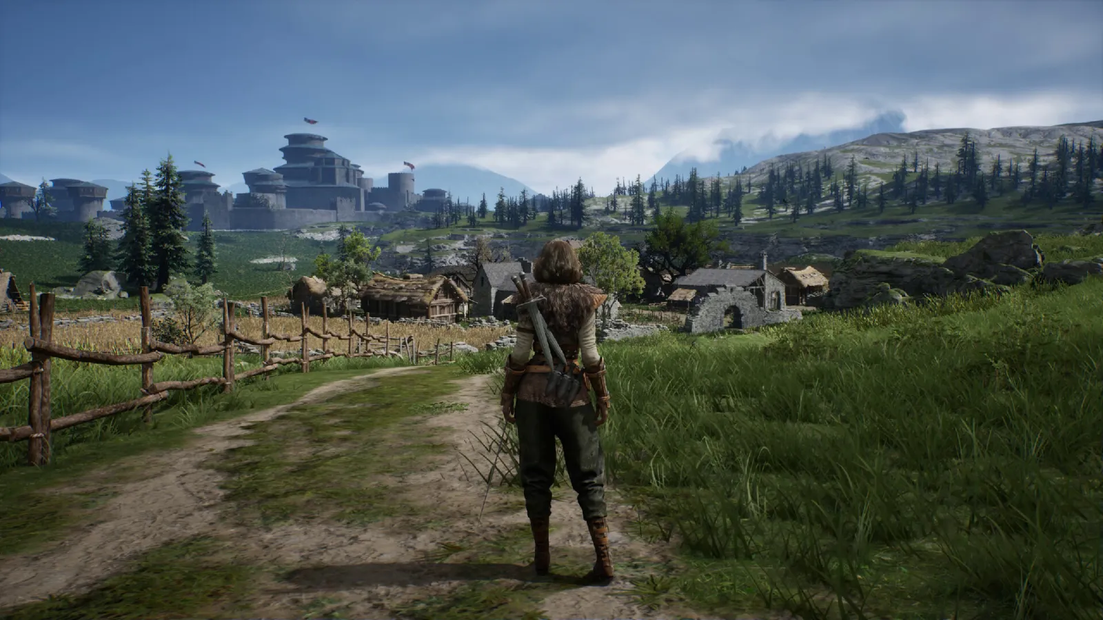 A player character looking across a village toward a great castle in the distance in Game of Thrones: Kingsroad