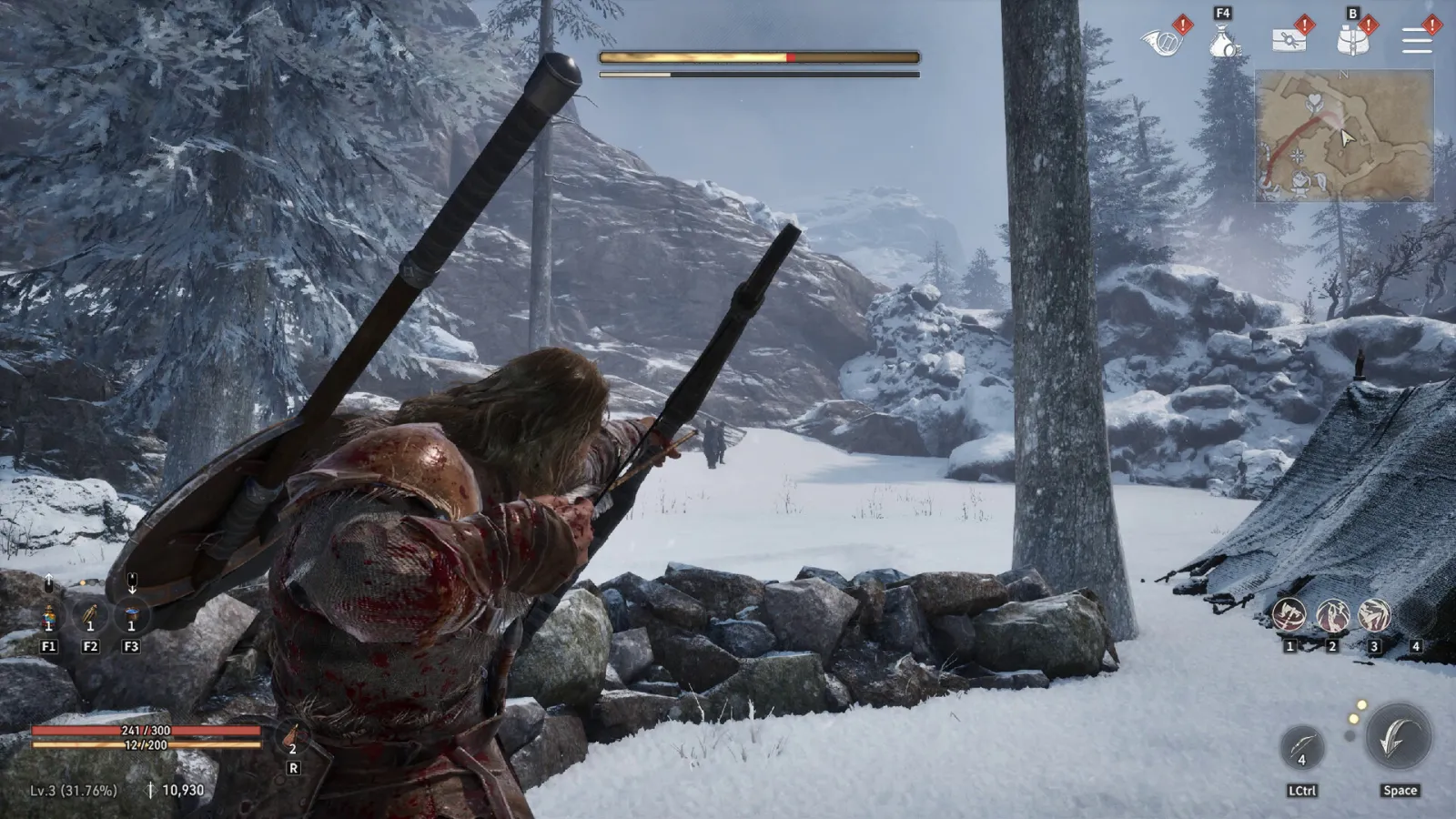 A player aiming a crossbow in a snowy forest in Game of Thrones: Kingsroad, showing PC visual quality