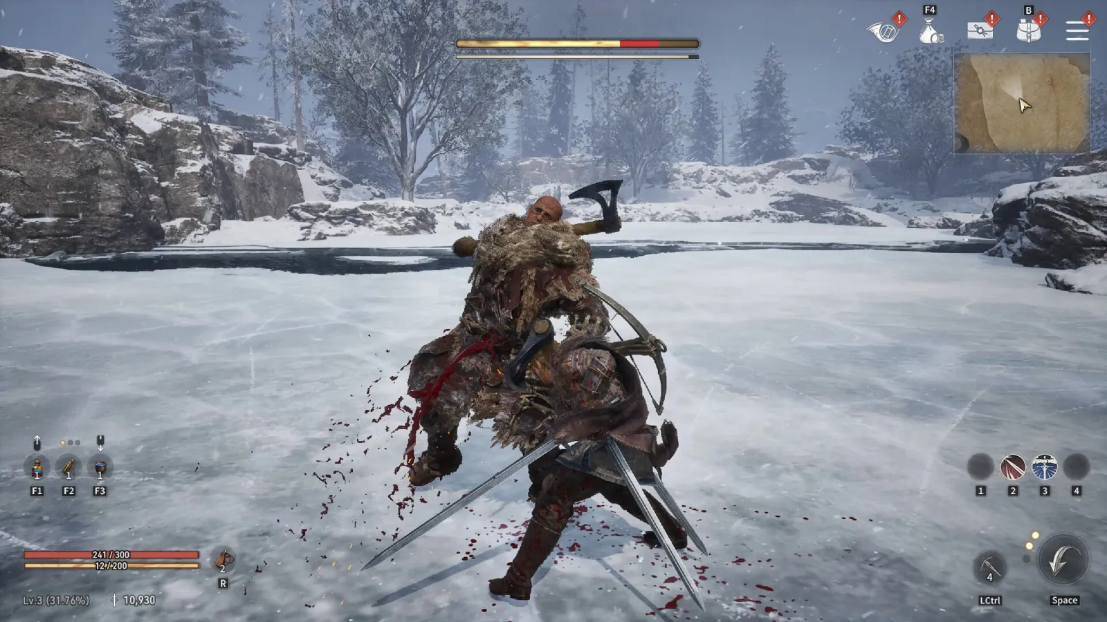A snowy lake fight against an axe-wielding enemy in heavy furs
