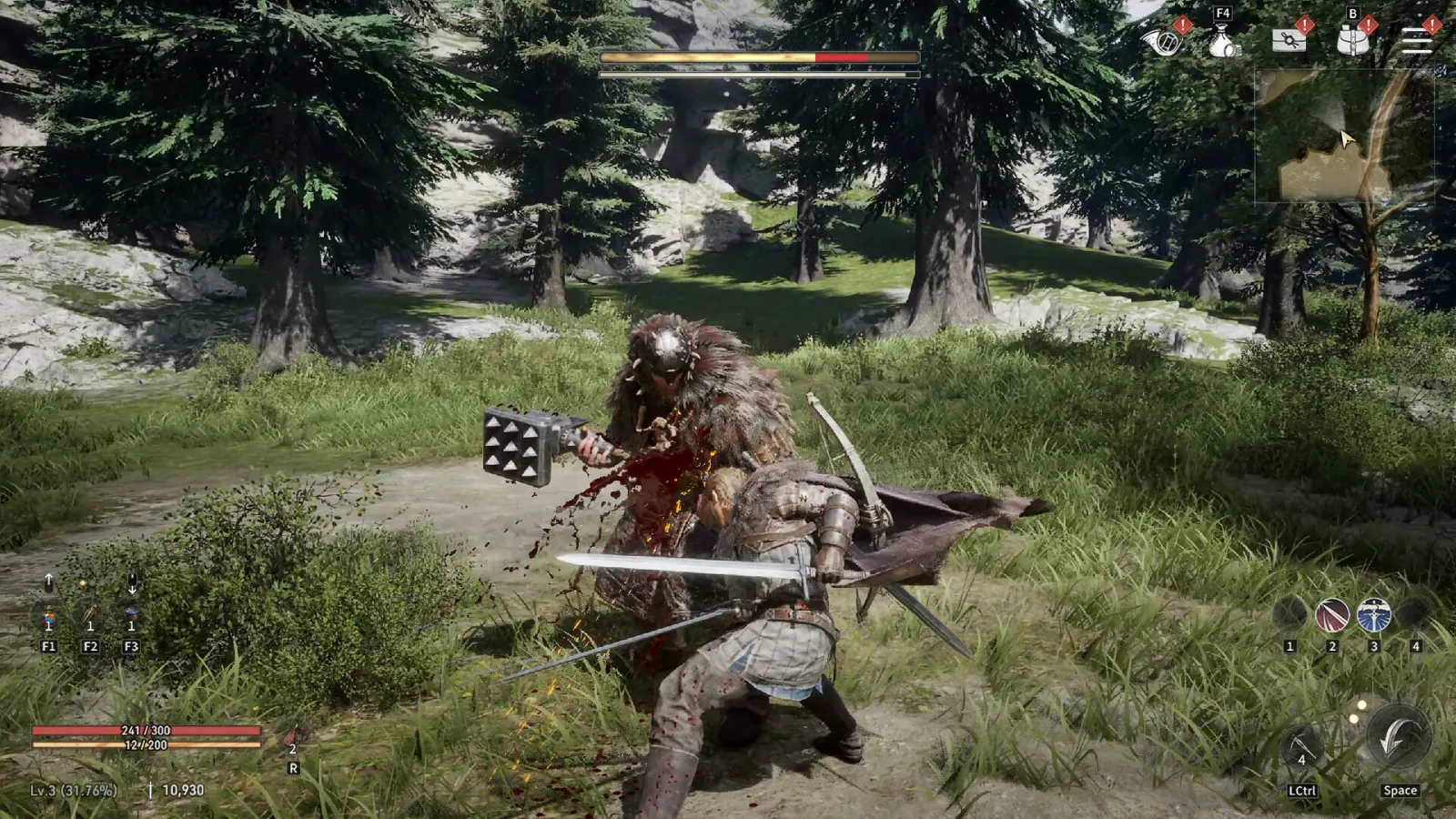 Fast two-weapon melee combat against an armored brute in a forest in Game of Thrones: Kingsroad